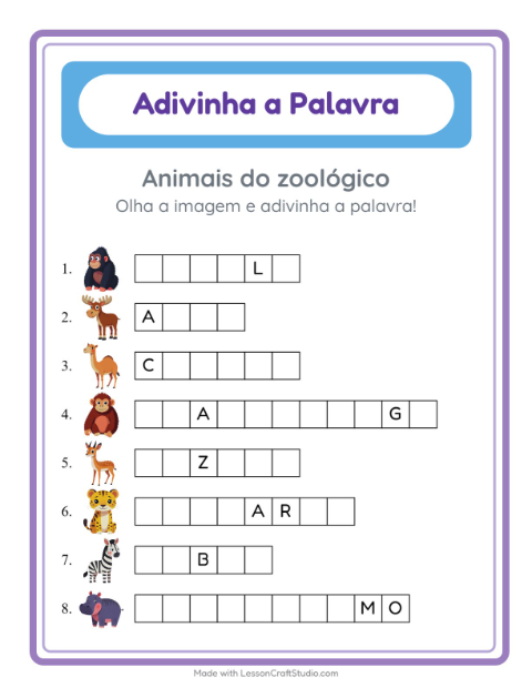 Pré-visualização da ficha de Adivinhe A Palavra com Animais do zoológico para Educação infantil (pré-escola, 5-7 anos)