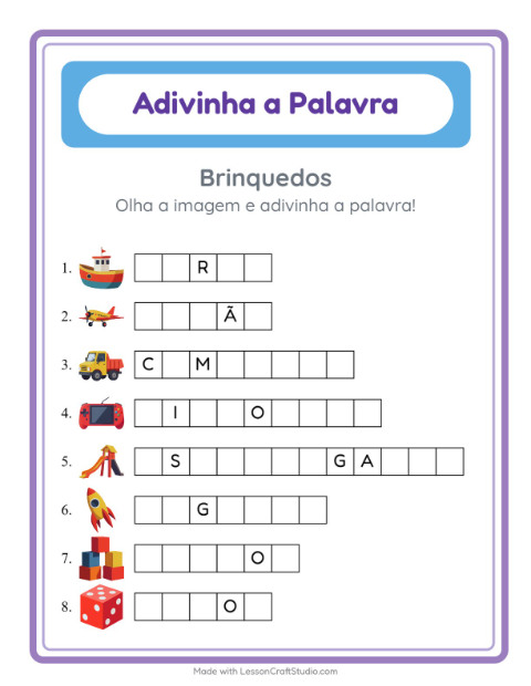 Pré-visualização da ficha de Adivinhe A Palavra com Brinquedos para Educação infantil (pré-escola, 5-7 anos)