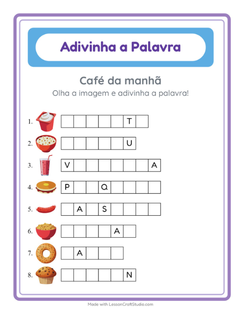 Pré-visualização da ficha de Adivinhe A Palavra com Café da manhã para Educação infantil (pré-escola, 5-7 anos)
