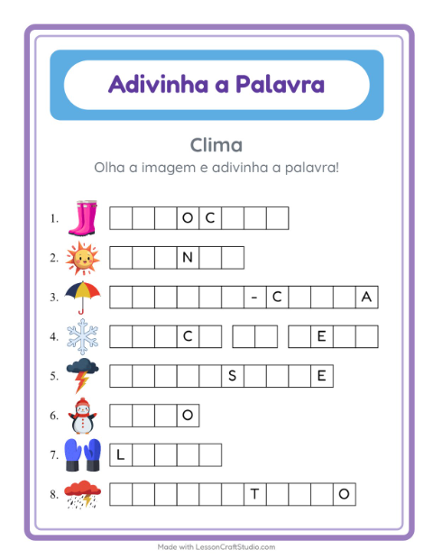 Pré-visualização da ficha de Adivinhe A Palavra com Clima para Educação infantil (pré-escola, 5-7 anos)
