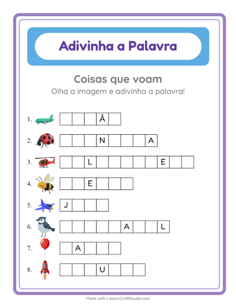 Pré-visualização da ficha de Adivinhe A Palavra com Coisas que voam para Educação infantil (pré-escola, 5-7 anos)