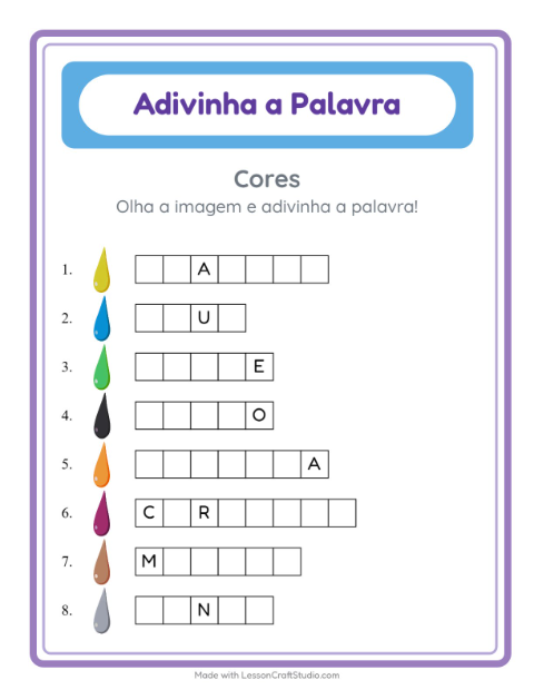 Pré-visualização da ficha de Adivinhe A Palavra com Cores para Educação infantil (pré-escola, 5-7 anos)