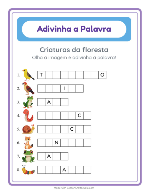 Pré-visualização da ficha de Adivinhe A Palavra com Criaturas da floresta para Educação infantil (pré-escola, 5-7 anos)