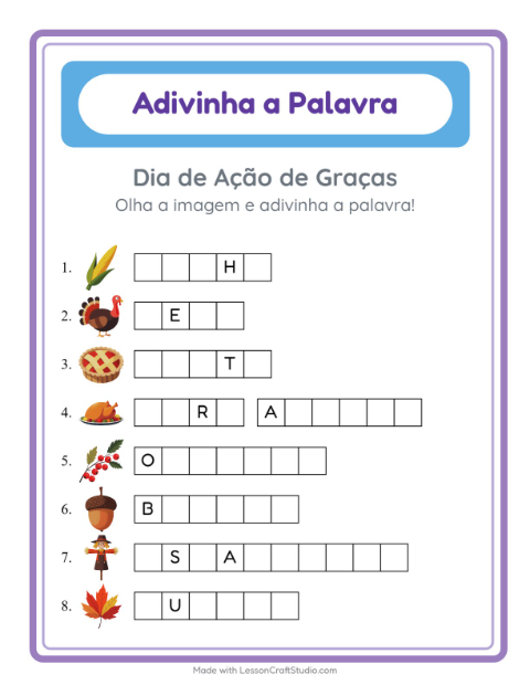 Pré-visualização da ficha de Adivinhe A Palavra com Dia de Ação de Graças para Educação infantil (pré-escola, 5-7 anos)