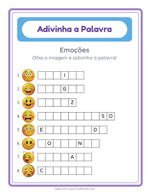 Pré-visualização da ficha de Adivinhe A Palavra com Emoções para Educação infantil (pré-escola, 5-7 anos)