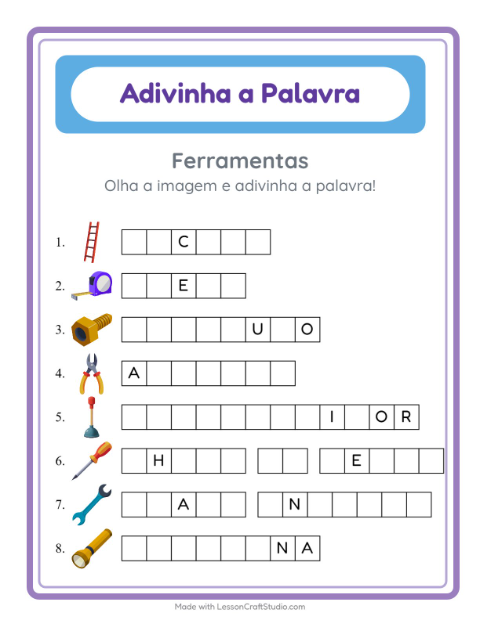 Pré-visualização da ficha de Adivinhe A Palavra com Ferramentas para Educação infantil (pré-escola, 5-7 anos)