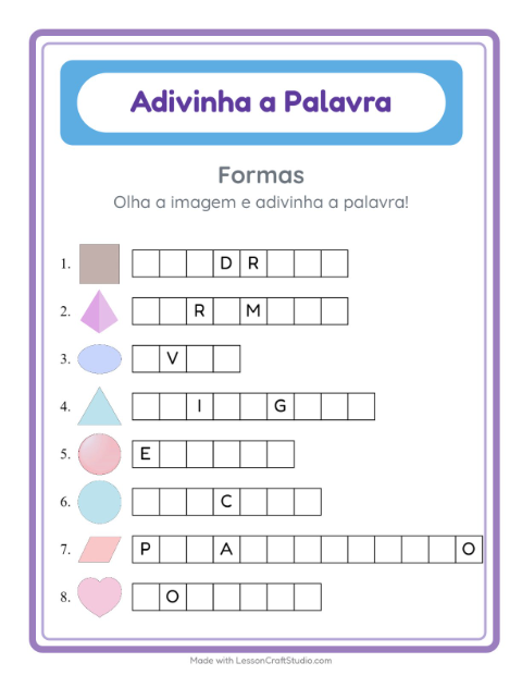 Prévia: Complete a palavra: Formas – atividade para o 1º ano