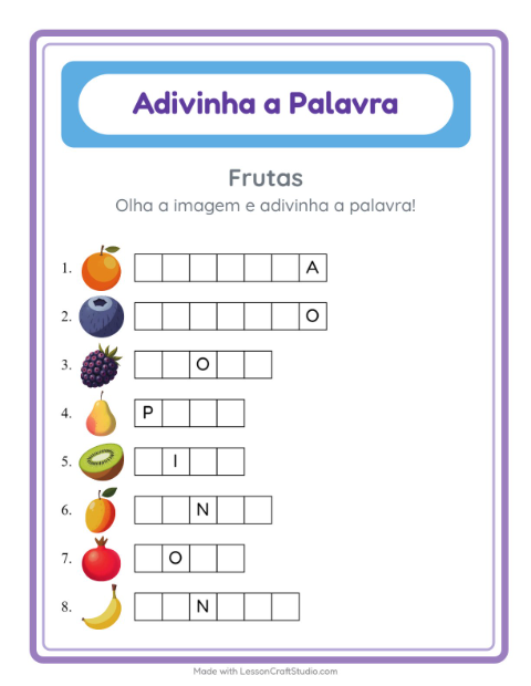 Pré-visualização da ficha de Adivinhe A Palavra com Frutas para Educação infantil (pré-escola, 5-7 anos)