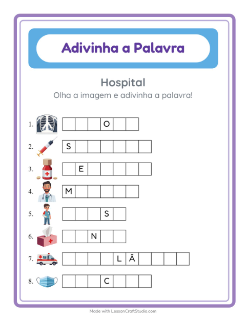 Pré-visualização da ficha de Adivinhe A Palavra com Hospital para Educação infantil (pré-escola, 5-7 anos)