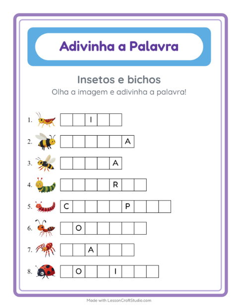 Pré-visualização da ficha de Adivinhe A Palavra com Insetos e bichos para Educação infantil (pré-escola, 5-7 anos)