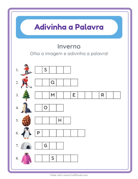 Pré-visualização da ficha de Adivinhe A Palavra com Inverno para Educação infantil (pré-escola, 5-7 anos)