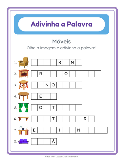Pré-visualização da ficha de Adivinhe A Palavra com Móveis para Educação infantil (pré-escola, 5-7 anos)