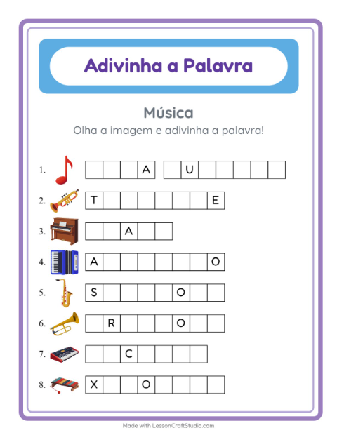 Pré-visualização da ficha de Adivinhe A Palavra com Música para Educação infantil (pré-escola, 5-7 anos)
