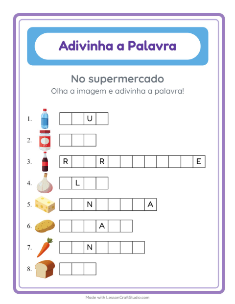 Pré-visualização da ficha de Adivinhe A Palavra com No supermercado para Educação infantil (pré-escola, 5-7 anos)