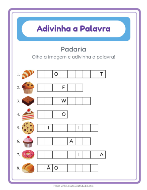 Pré-visualização da ficha de Adivinhe A Palavra com Padaria para Educação infantil (pré-escola, 5-7 anos)