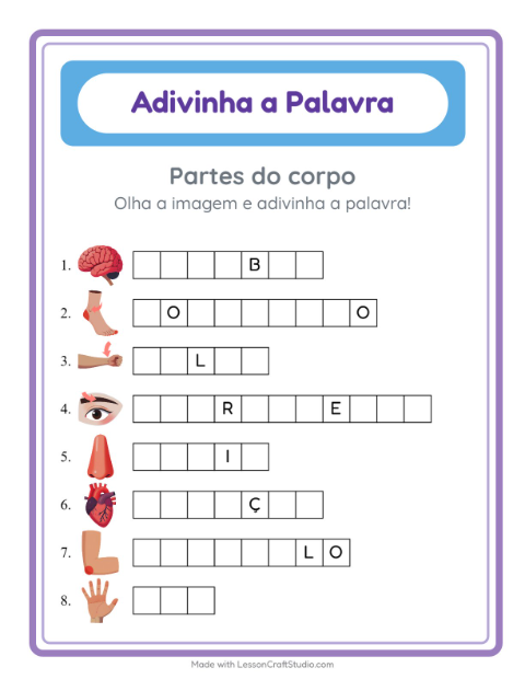 Pré-visualização da ficha de Adivinhe A Palavra com Partes do corpo para Educação infantil (pré-escola, 5-7 anos)
