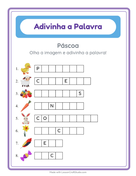 Pré-visualização da ficha de Adivinhe A Palavra com Páscoa para Educação infantil (pré-escola, 5-7 anos)