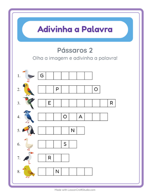 Pré-visualização da ficha de Adivinhe A Palavra com Pássaros 2 para Educação infantil (pré-escola, 5-7 anos)