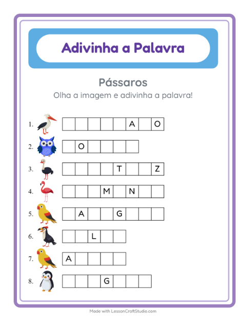 Prévia: Complete a palavra: Pássaros – atividade para o 1º ano