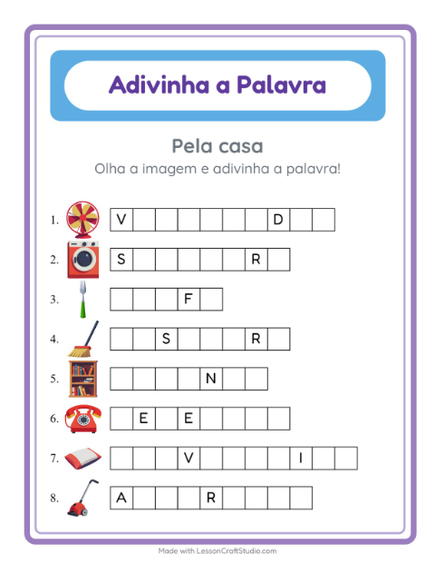 Pré-visualização da ficha de Adivinhe A Palavra com Pela casa para Educação infantil (pré-escola, 5-7 anos)