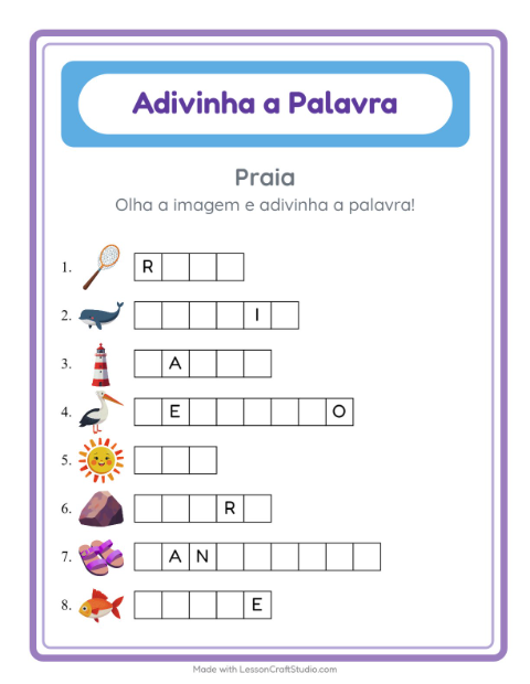 Pré-visualização da ficha de Adivinhe A Palavra com Praia para Educação infantil (pré-escola, 5-7 anos)