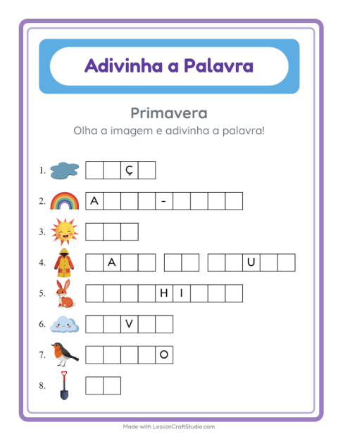 Pré-visualização da ficha de Adivinhe A Palavra com Primavera para Educação infantil (pré-escola, 5-7 anos)