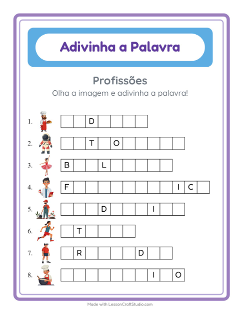 Pré-visualização da ficha de Adivinhe A Palavra com Profissões para Educação infantil (pré-escola, 5-7 anos)