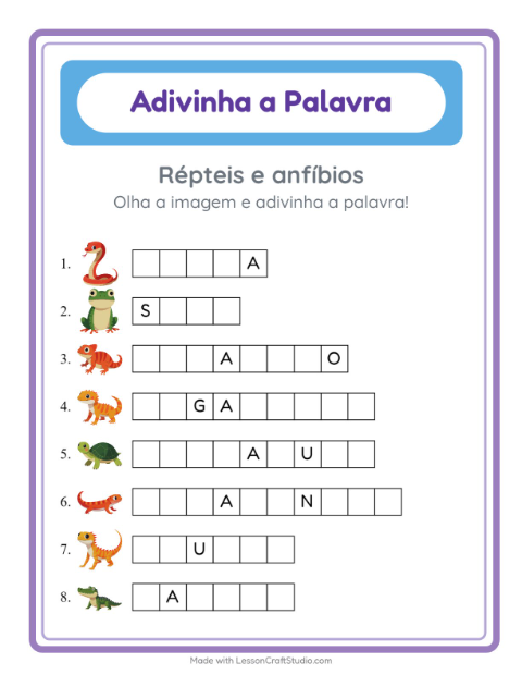 Pré-visualização da ficha de Adivinhe A Palavra com Répteis e anfíbios para Educação infantil (pré-escola, 5-7 anos)