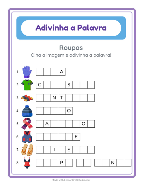 Pré-visualização da ficha de Adivinhe A Palavra com Roupas para Educação infantil (pré-escola, 5-7 anos)