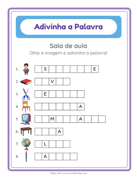 Pré-visualização da ficha de Adivinhe A Palavra com Sala de aula para Educação infantil (pré-escola, 5-7 anos)