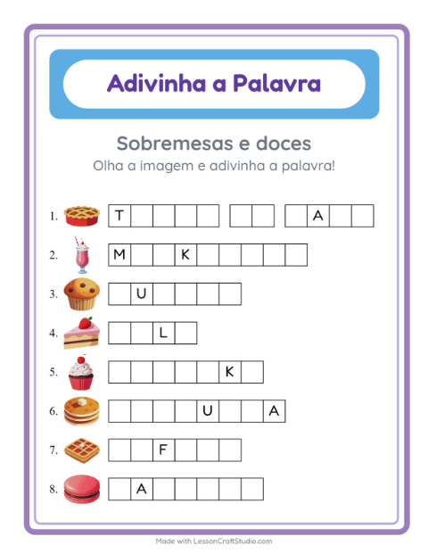 Pré-visualização da ficha de Adivinhe A Palavra com Sobremesas e doces para Educação infantil (pré-escola, 5-7 anos)