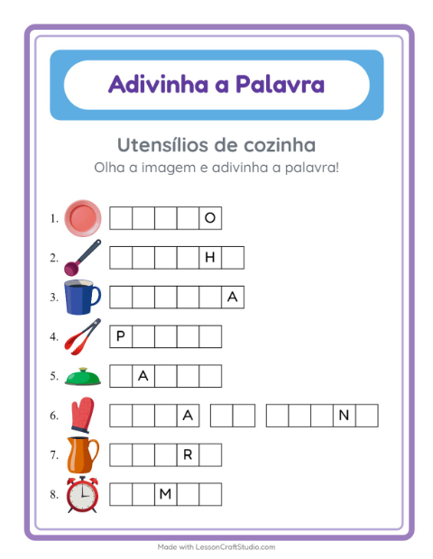Pré-visualização da ficha de Adivinhe A Palavra com Utensílios de cozinha para Educação infantil (pré-escola, 5-7 anos)