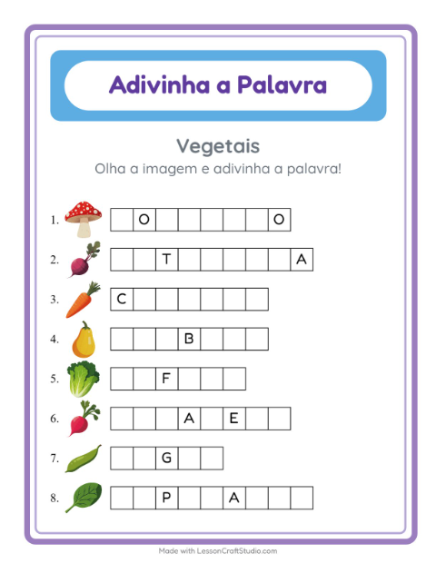 Pré-visualização da ficha de Adivinhe A Palavra com Vegetais para Educação infantil (pré-escola, 5-7 anos)