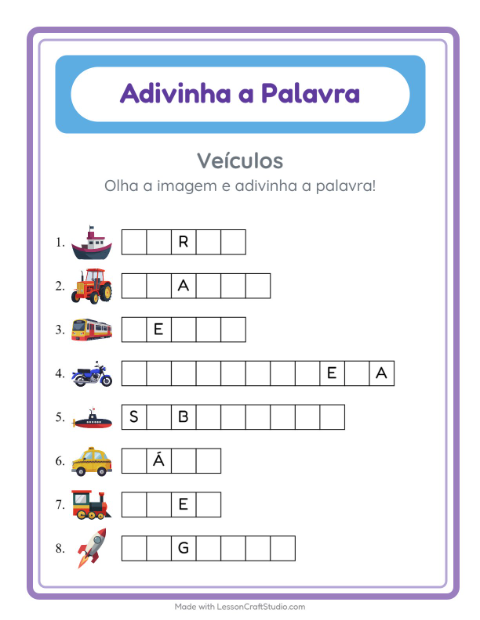 Pré-visualização da ficha de Adivinhe A Palavra com Veículos para Educação infantil (pré-escola, 5-7 anos)