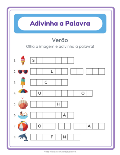 Pré-visualização da ficha de Adivinhe A Palavra com Verão para Educação infantil (pré-escola, 5-7 anos)