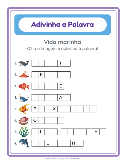 Pré-visualização da ficha de Adivinhe A Palavra com Vida marinha para Educação infantil (pré-escola, 5-7 anos)