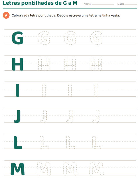 Letras pontilhadas de G a M para cobrir e escrever