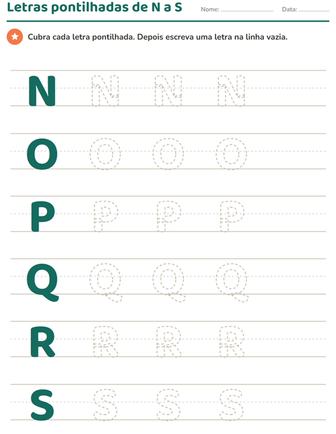 Letras pontilhadas de N a S para cobrir e escrever