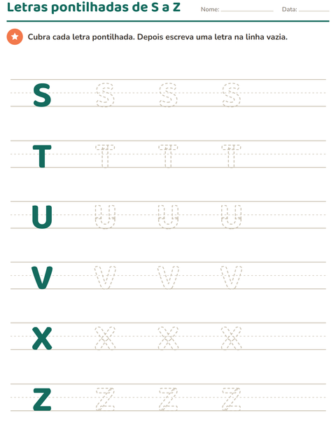 Letras pontilhadas de S a Z para cobrir e escrever