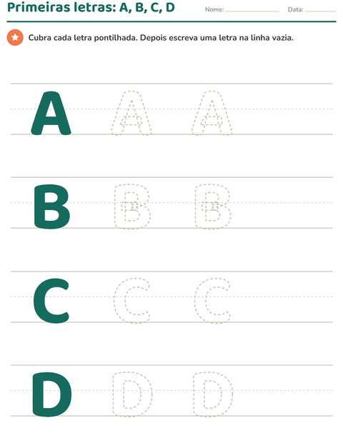 Primeiras letras A, B, C e D em tamanho grande