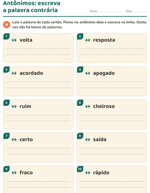 Pré-visualização da ficha de Antônimos para 1º ano do ensino fundamental