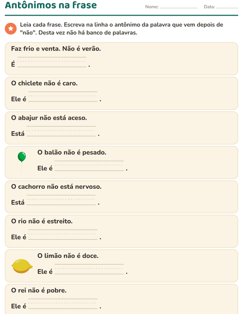 Pré-visualização da ficha de Antônimos para 1º ano do ensino fundamental