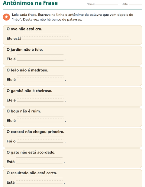 Pré-visualização da ficha de Antônimos para 1º ano do ensino fundamental