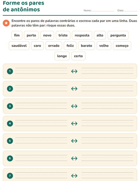 Pré-visualização da ficha de Antônimos para 1º ano do ensino fundamental