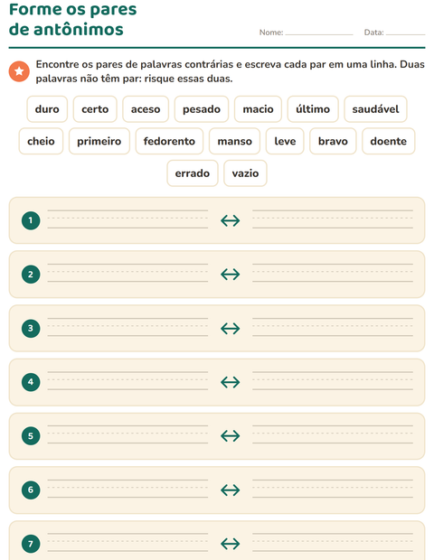 Pré-visualização da ficha de Antônimos para 1º ano do ensino fundamental