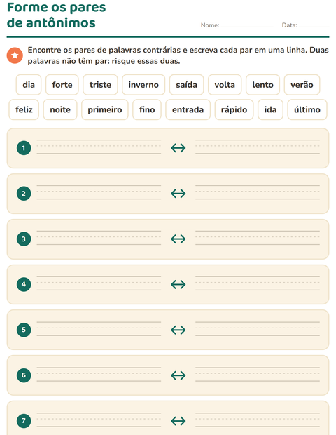 Pré-visualização da ficha de Antônimos para 1º ano do ensino fundamental