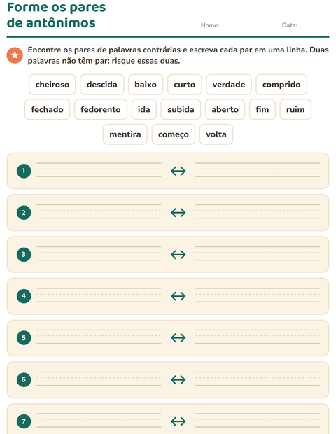Pré-visualização da ficha de Antônimos para 1º ano do ensino fundamental