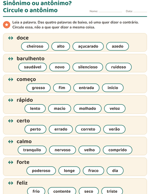 Pré-visualização da ficha de Antônimos para 1º ano do ensino fundamental