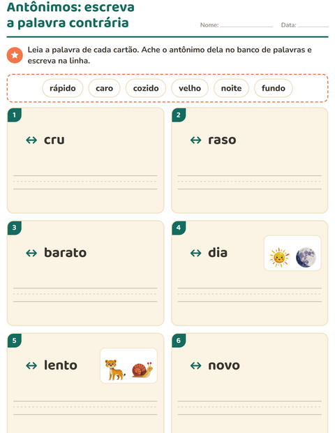 Pré-visualização da ficha de Antônimos para 1º ano do ensino fundamental