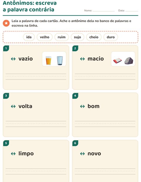Pré-visualização da ficha de Antônimos para 1º ano do ensino fundamental
